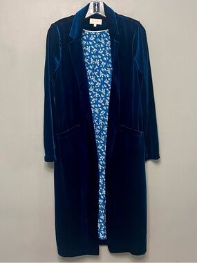 Skies Are Blue Peacock Blue Velvet Duster W/ White Floral Lining Size Small
